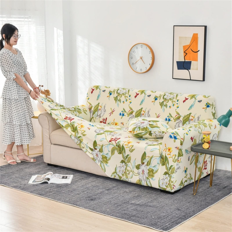 Sofa Slipcover Cream Botanical Print One Piece Stretch Cottagecore