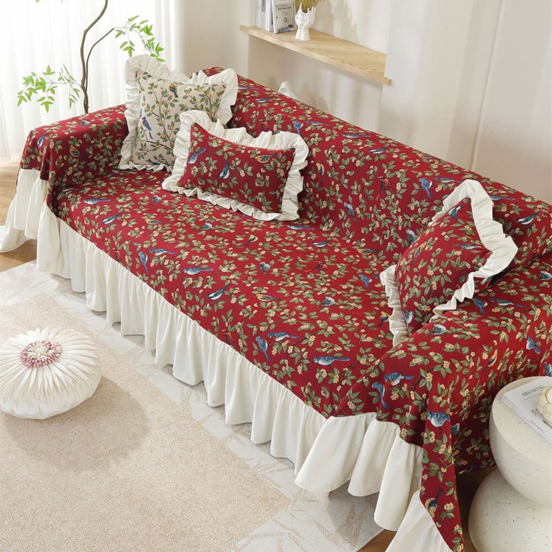 Sofa Slipcover Crimson Red Bird Floral Print Ruffled Skirt Cottagecore
