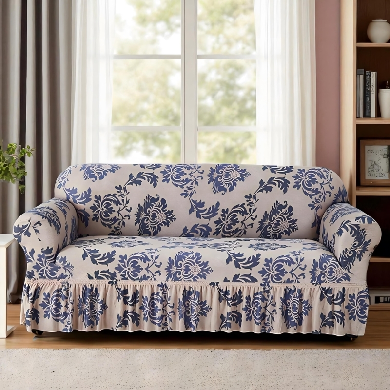 Sofa Slipcover Navy Blue Damask Pattern Ruffled Skirt Cottagecore