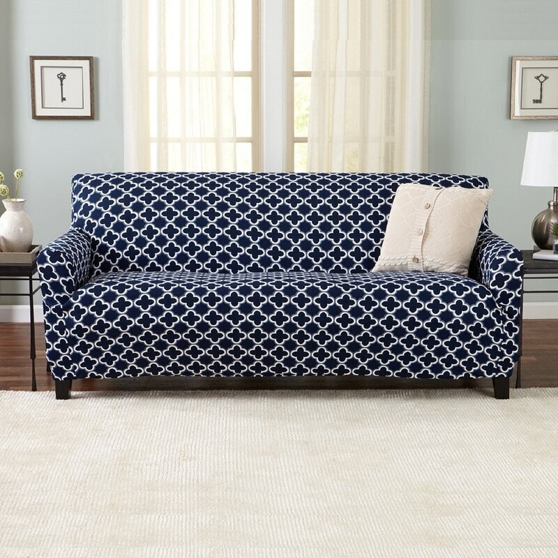 Sofa Slipcover Navy White Quatrefoil Geometric Print Stretch Fit