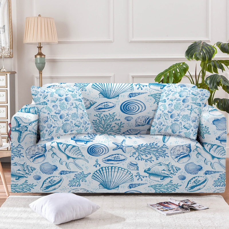 Sofa Slipcover Ocean Blue Seashell Pattern Nautical Coastal Style
