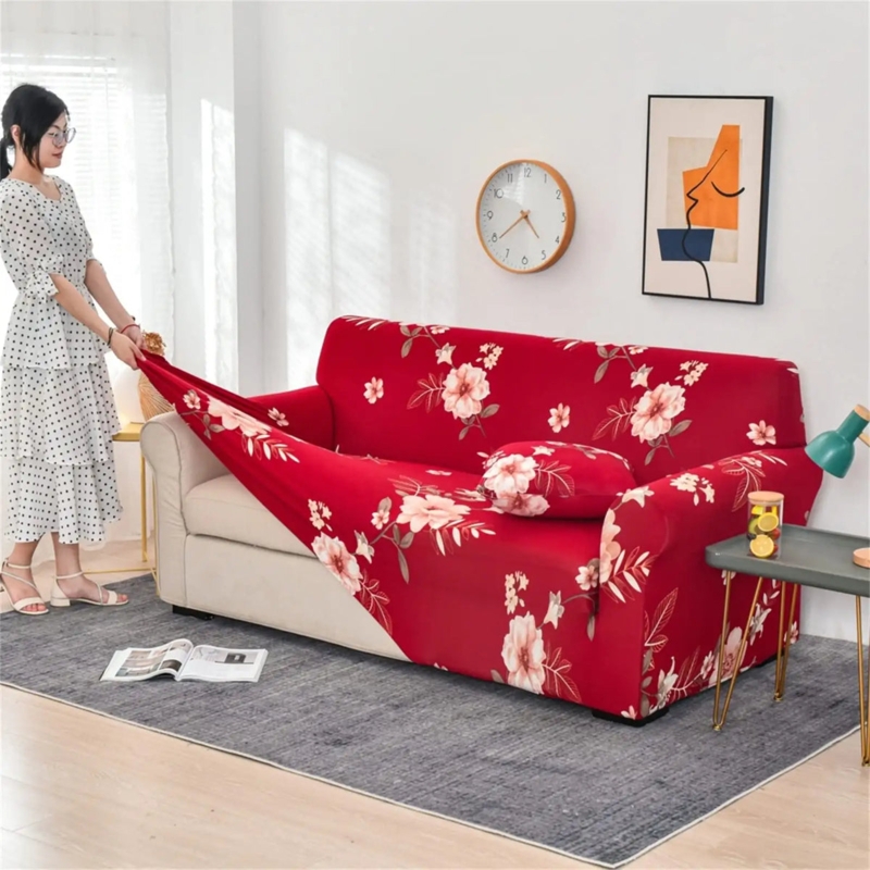 Sofa Slipcover Vibrant Red Botanical Floral Print Stretch Cottagecore