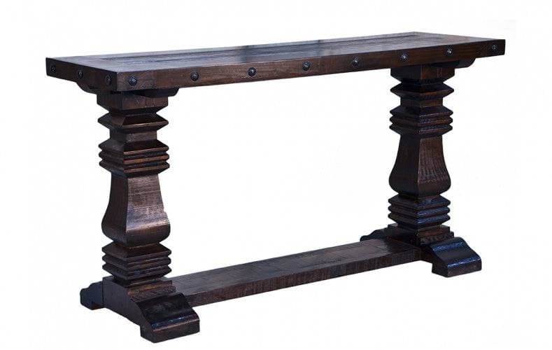 Sofa Table Hacienda Style with Tiered Carving and Nailhead Trim Details