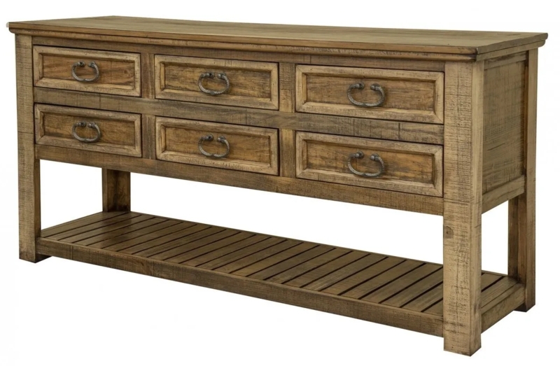 Sofa Table Rustic Six Drawers Slatted Shelf Distressed Finish
