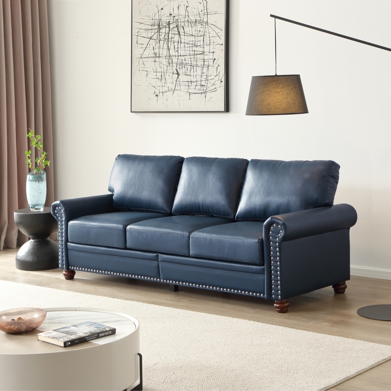 Sofa Transitional Leather Rolled Arms Double Nailhead Trim