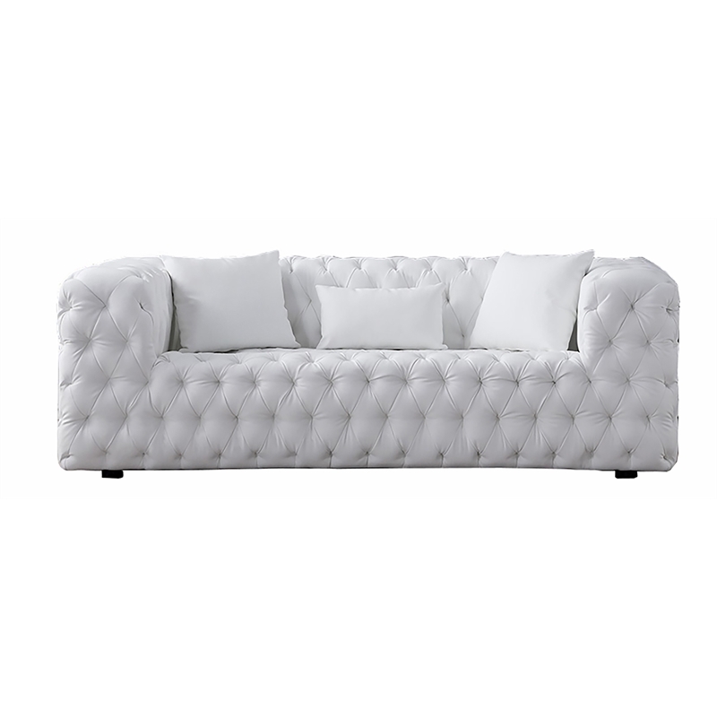 Sofa: White Tufted Tuxedo Silhouette with Low Profile Feet Details