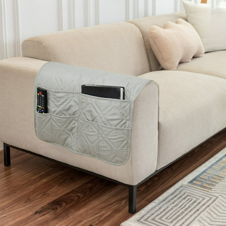 Soft Grey Sofa Armrest Organizer Diamond Quilting Multiple Pockets