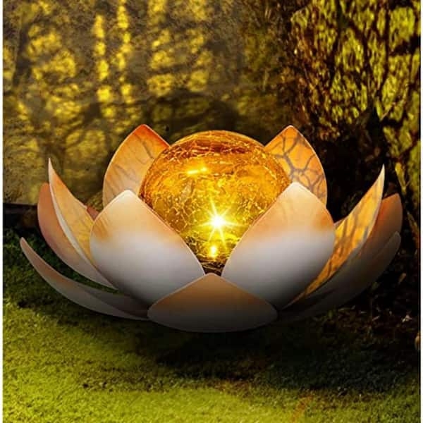 Solar Garden Light Lotus Shape Layered Petals Amber Glow