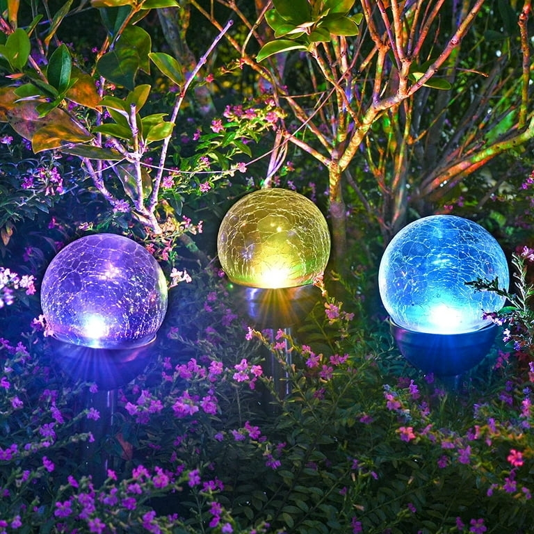 Solar Globe Light Dual LED Glow Cracked Glass Landscape