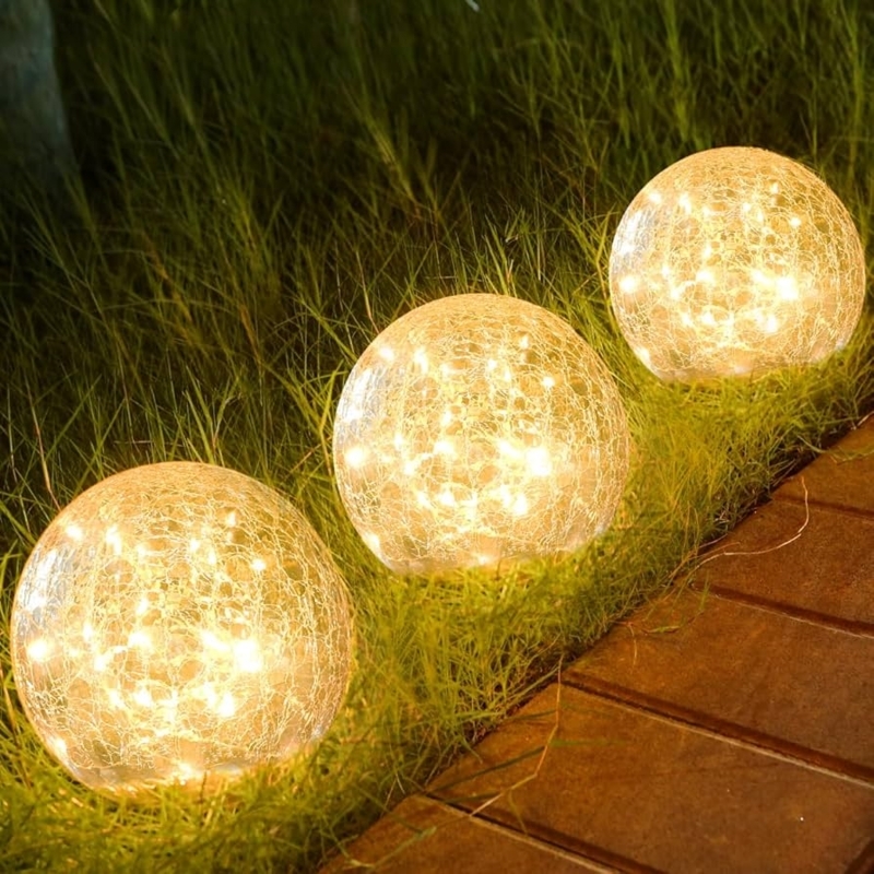 Solar Globe Light Ground Level Lighting Cracked Warm Amber