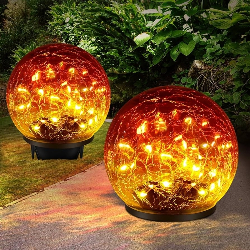 Solar Globe Lights Gradient Red Hue Cracked Glass Fairy LEDs