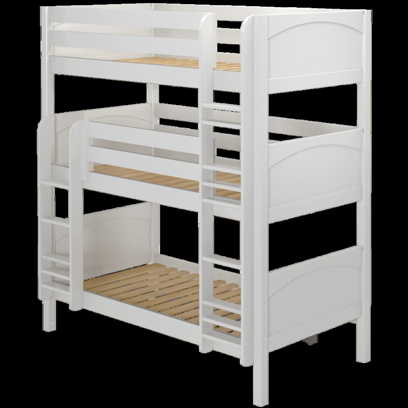 Solid Hardwood Triple Bunk Bed, White Finish, Straight Ladder, Arched Ends