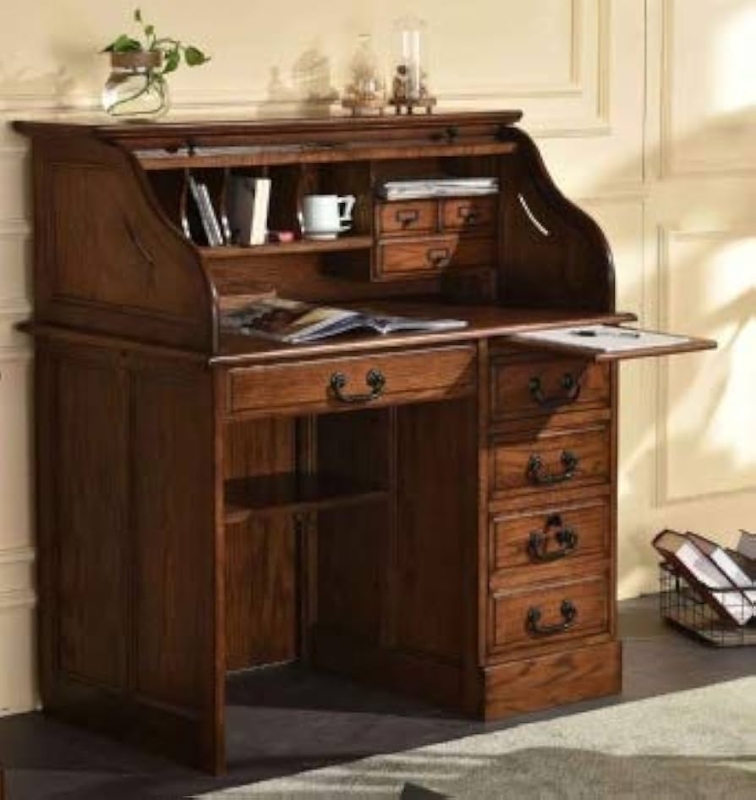 Solid Oak Roll Top Desk with Single Pedestal Base