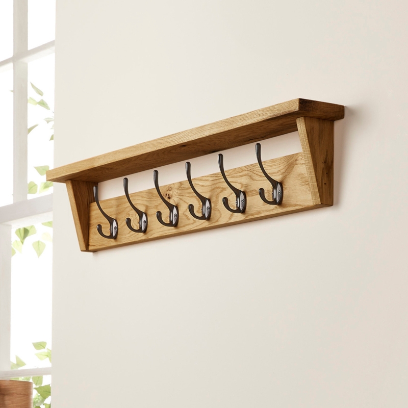 Solid Oak Shelf Coat Rack, Six Black Hooks. Farmhouse organizer.