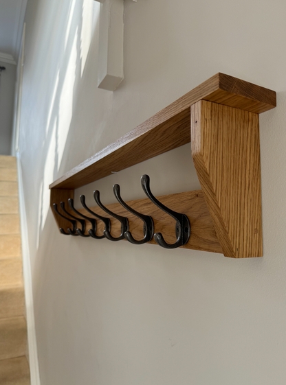 Solid Oak Wall Rack Shelf, Black Hooks. Farmhouse style.