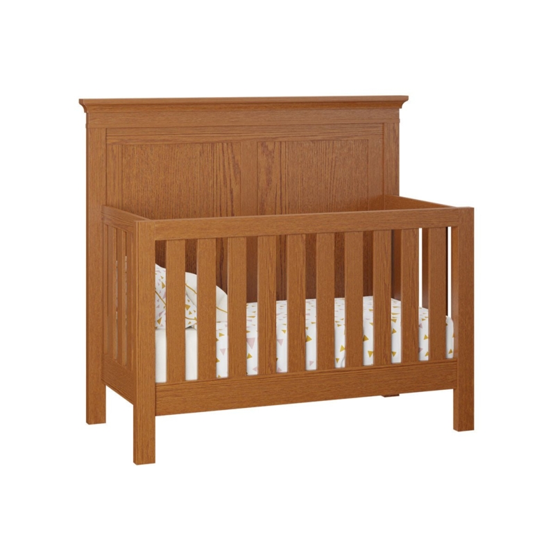 Solid Panel Baby Crib with Crown Molding Top in Honey Brown Wood Finish