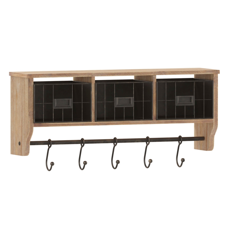 Solid Pine Wood Wall Rack with Wire Baskets, Label Holders, and Hooks