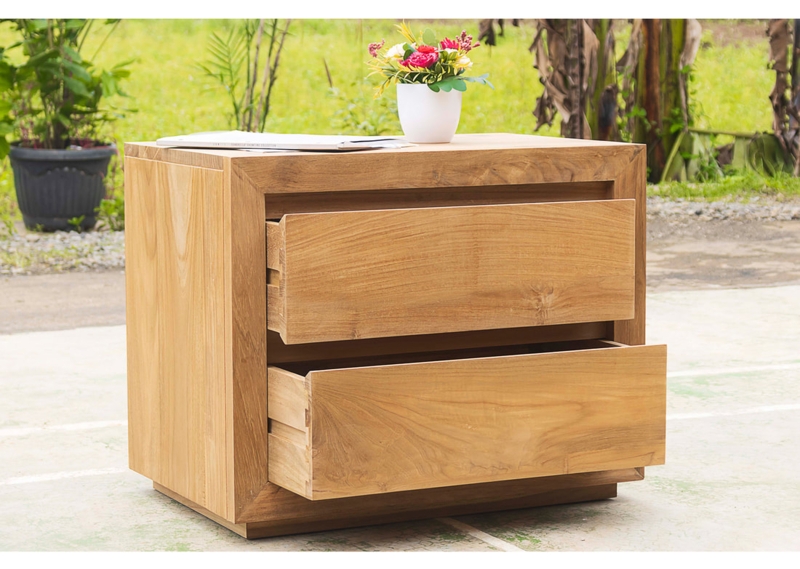 Solid Teak Nightstand Recessed Pulls Mitered Frame