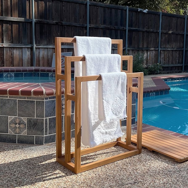 Solid Teak Poolside Towel Rack with Stepped Three-Tier Bars