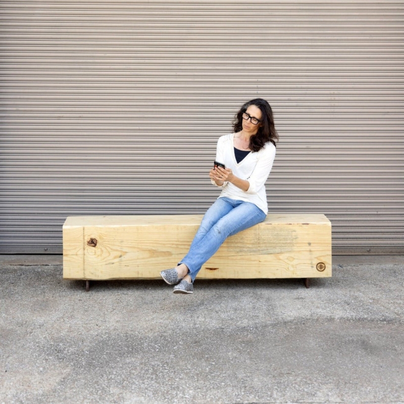 Solid Wood Beam Bench Corten Steel Base Minimalist Industrial Pine