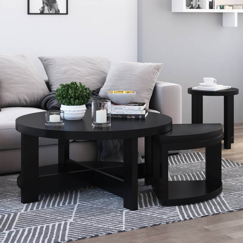 Solid Wood Nesting Set in Matte Black Finish, Cross Base, Thick Legs