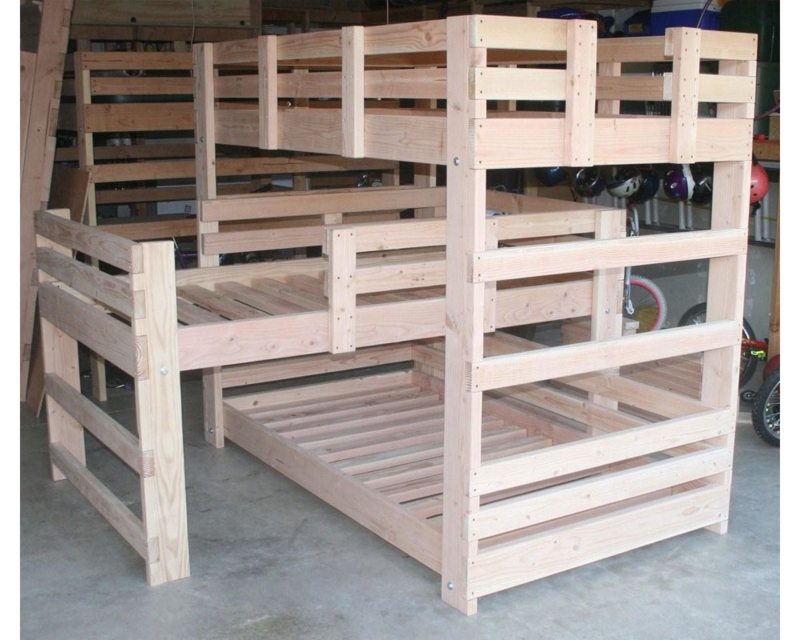 Solid Wood Triple Bunk Bed L-Shaped Rustic Finish Exposed Bolts