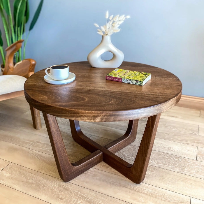 Solid Wood X-Base Table Round Walnut Sculptural Frame