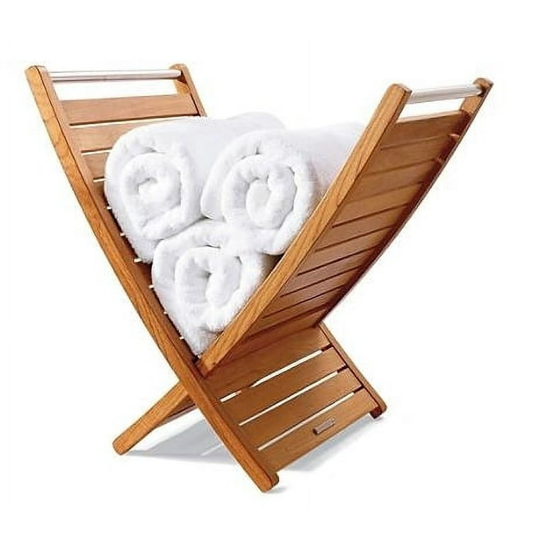 Spa Style Teak Towel Rack with Folding X-Frame Design