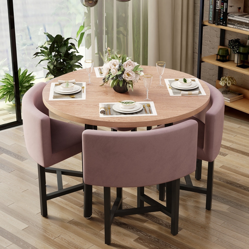 Space-Saving Dining Set Dusty Pink Tuck-In Chairs Wood Table