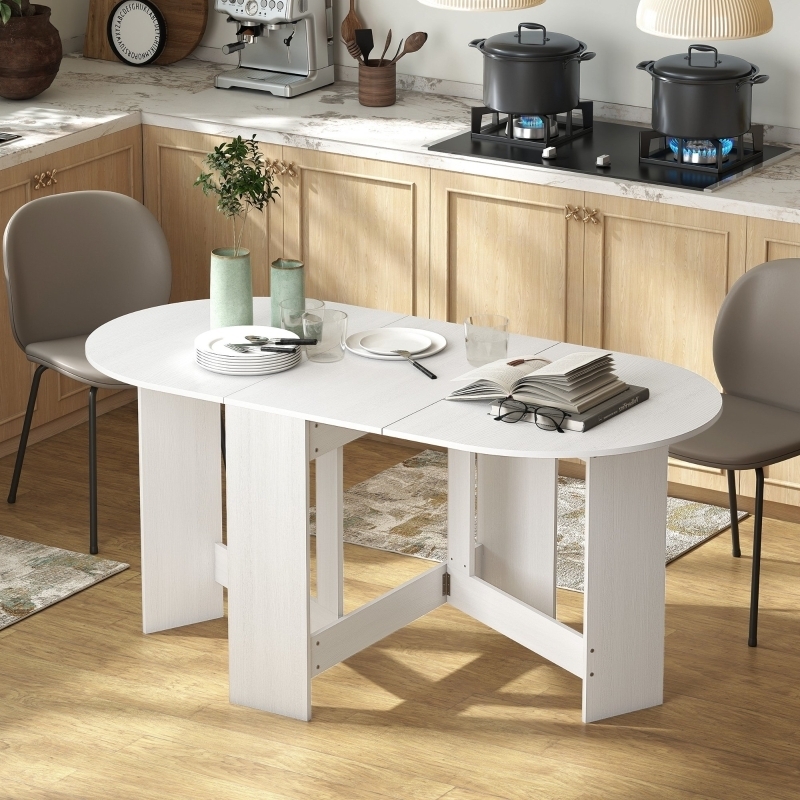 Space Saving Dining Table: Oval Drop Leaf in Distressed White Finish