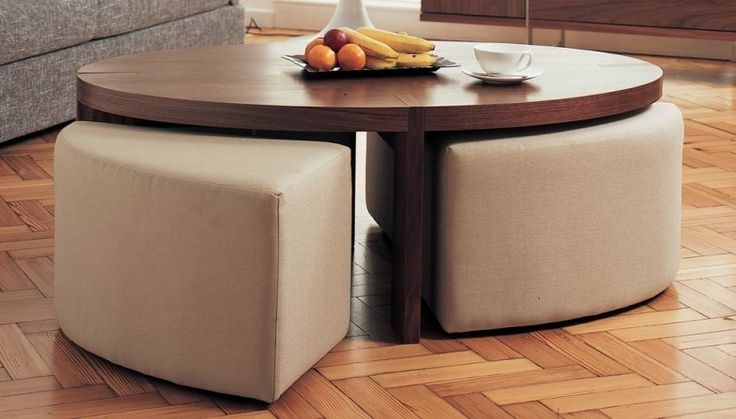 Space-Saving Walnut Table Set, Oatmeal Beige Fabric Wrapped Stools