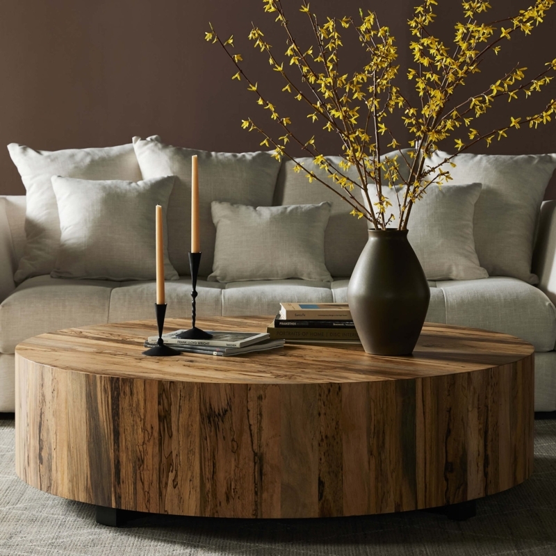 Spalted Wood Coffee Table Round Drum Base Vertical Graining