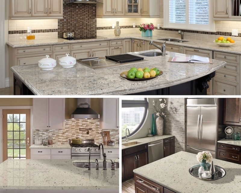 Speckled Granite Kitchen Island With Multi-Tone Mosaic Backsplash
