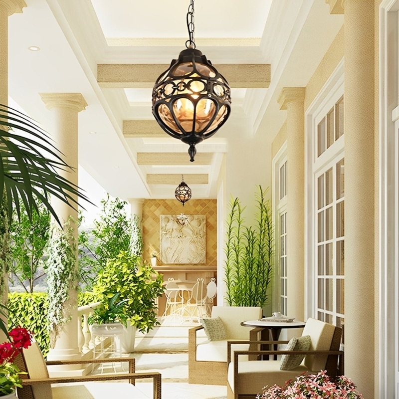 Spherical Orb Pendant with Scrollwork, Mediterranean Veranda Light.