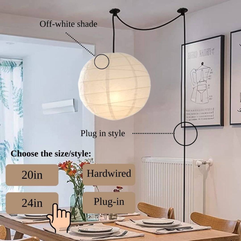 Spherical Pendant Light Rice Paper Swag Cord Plug In Option