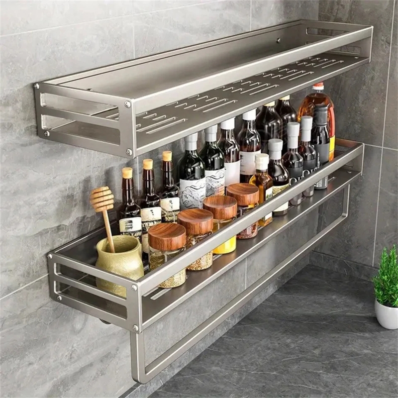 Spice Rack Brushed Silver Wall Shelves Slotted Drainage Base