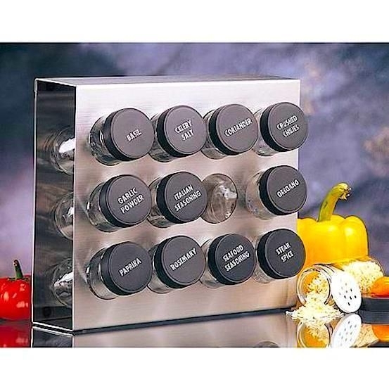 Spice Rack Brushed Stainless Steel 12 Jars Pre Labeled Lids