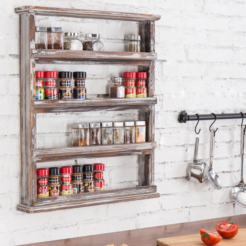 Spice Rack Torched Wood Four Tier Rustic Farmhouse Storage