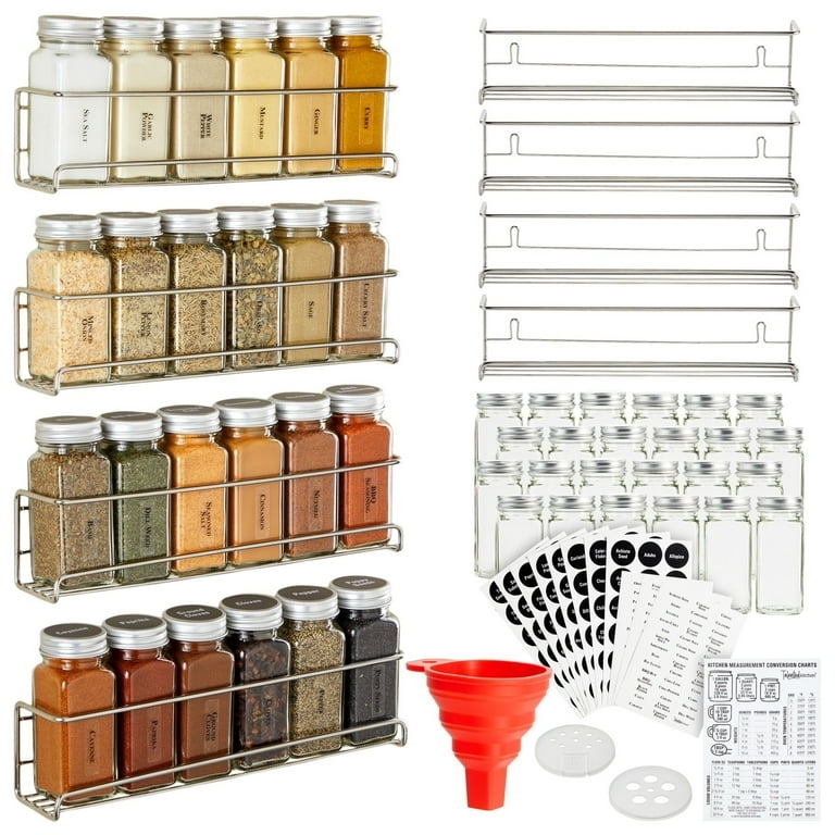 Spice Rack Wall Mounted Organizer Includes 24 Glass Jars