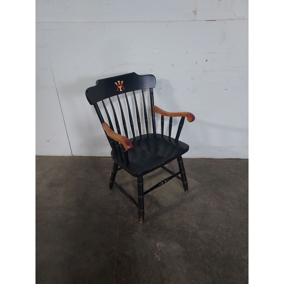 Spindle Back Armchair Black Crest Detail Warm Wood Arms Vintage Style