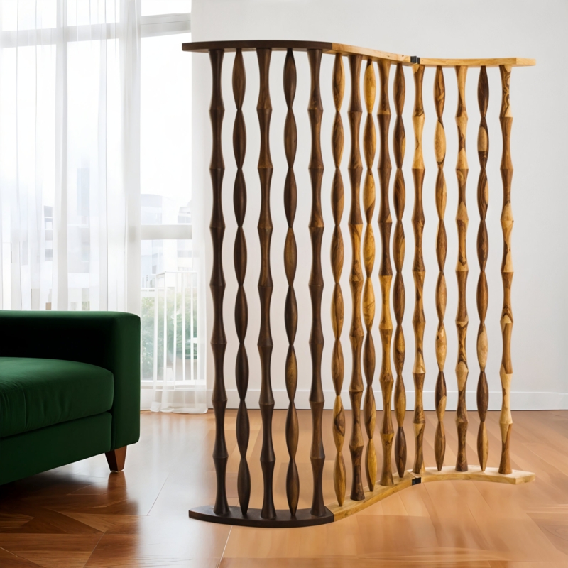 Spindle Wood Room Divider Serpentine Base Two Tone Mid Century Folding