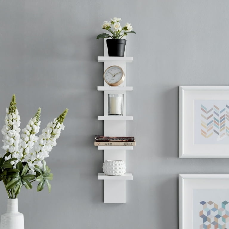 Spine Wall Shelf with Five Staggered White Tiers for Minimalist Storage
