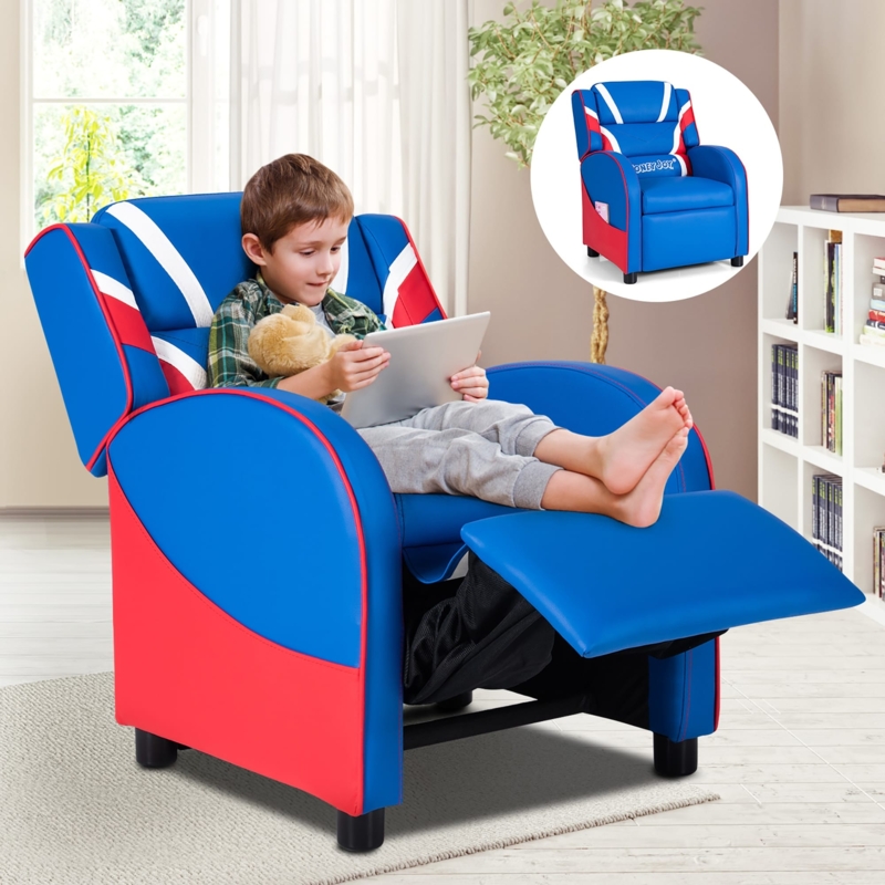 Sporty Kids Recliner: Blue and Red Racing Style Backrest