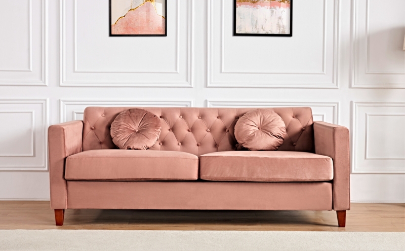 Square Arm Velvet Settee with Button-Tufted Back and Round Pillows