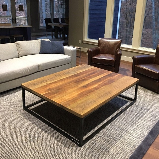 Square Coffee Table: Black Metal Frame, Distressed Plank Wood Top