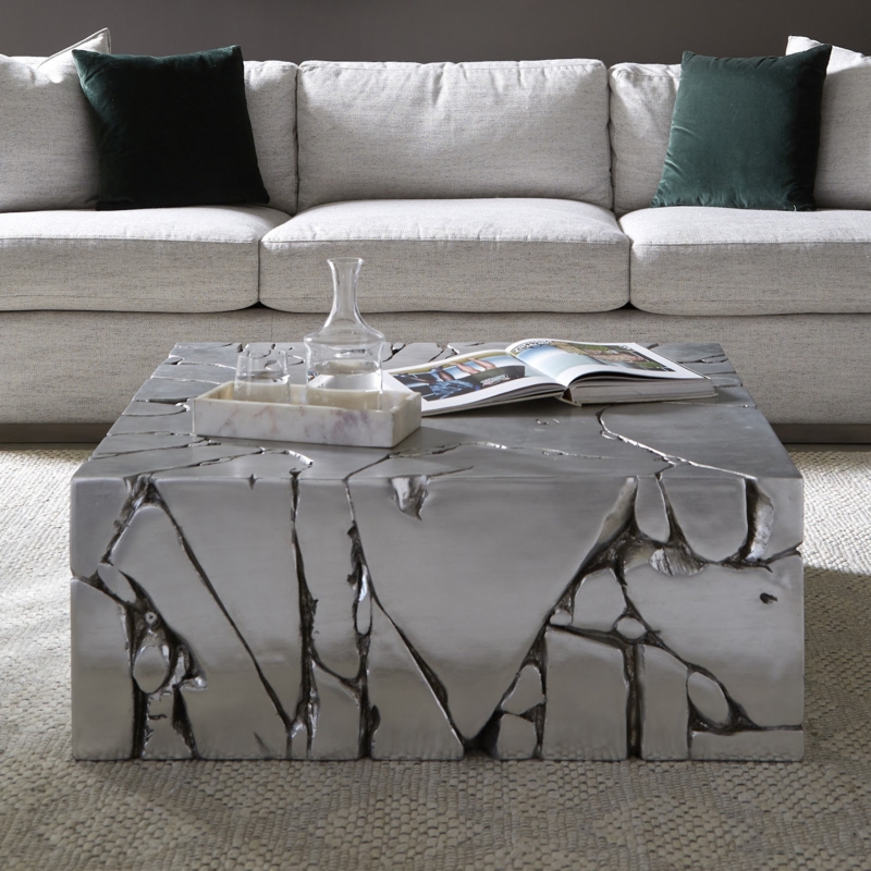 Square Coffee Table Block Form Deep Fissures Brutalist