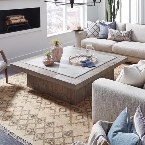 Square Coffee Table: Cement Top Wood Table, Weathered Gray Pedestal Base