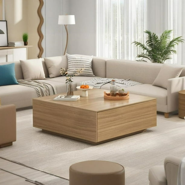 Square Coffee Table: Center Table With Drawers, Oak Beige Recessed Base