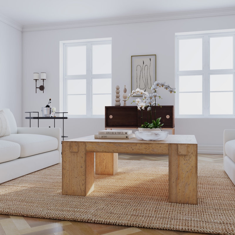 Square Coffee Table: Chunky Light Wood Table, Low Profile Geometric Block