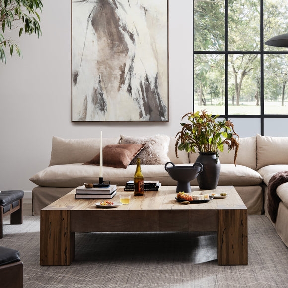 Square Coffee Table: Chunky Wood Coffee Table, Low Profile Natural Grain